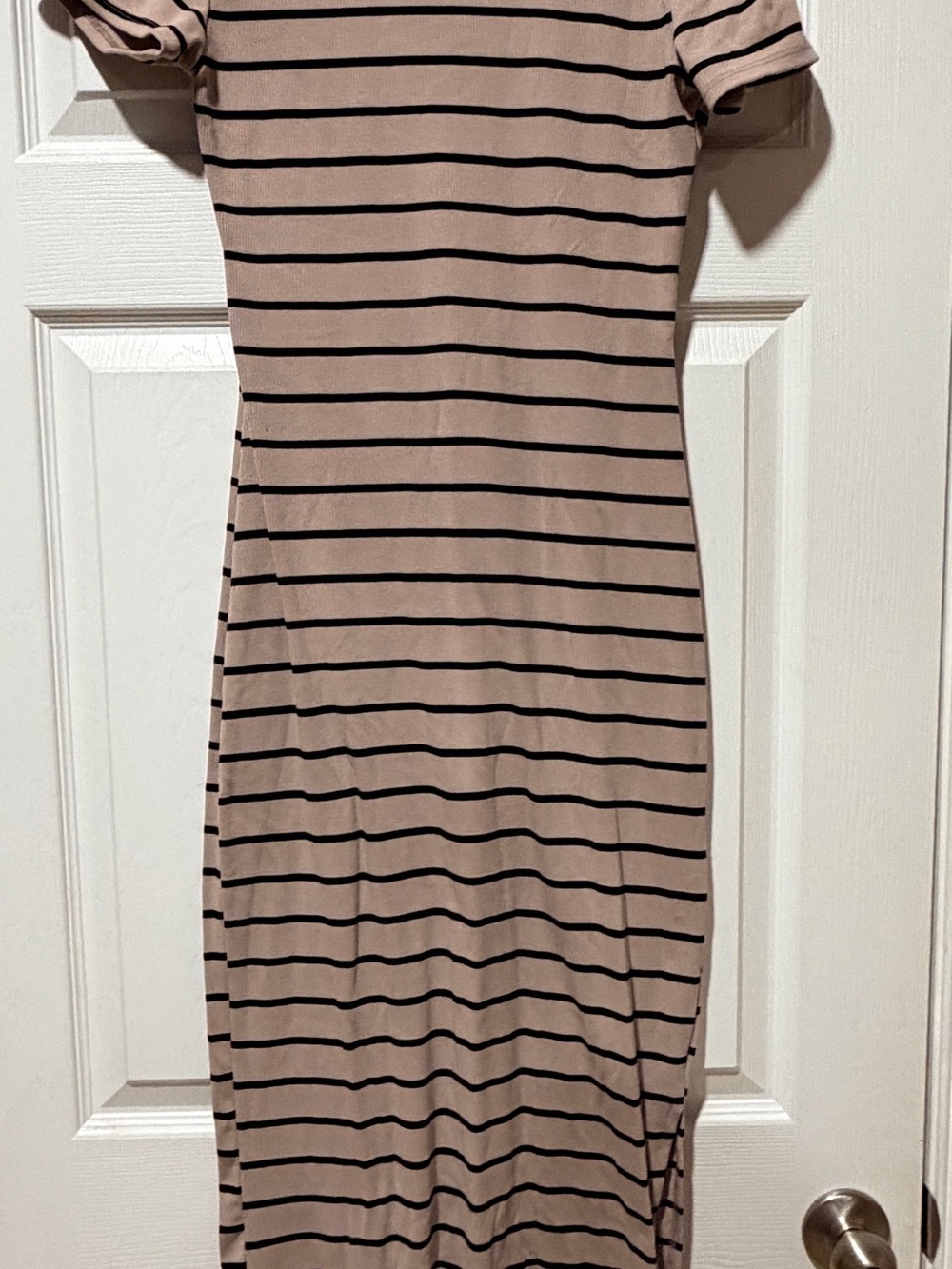Striped Short-Sleeve Midi Dress in Taupe and Black